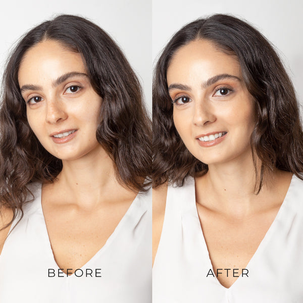 Before and after colour correcting concealer for light golden and yellow skin tone | Brulée Beauty